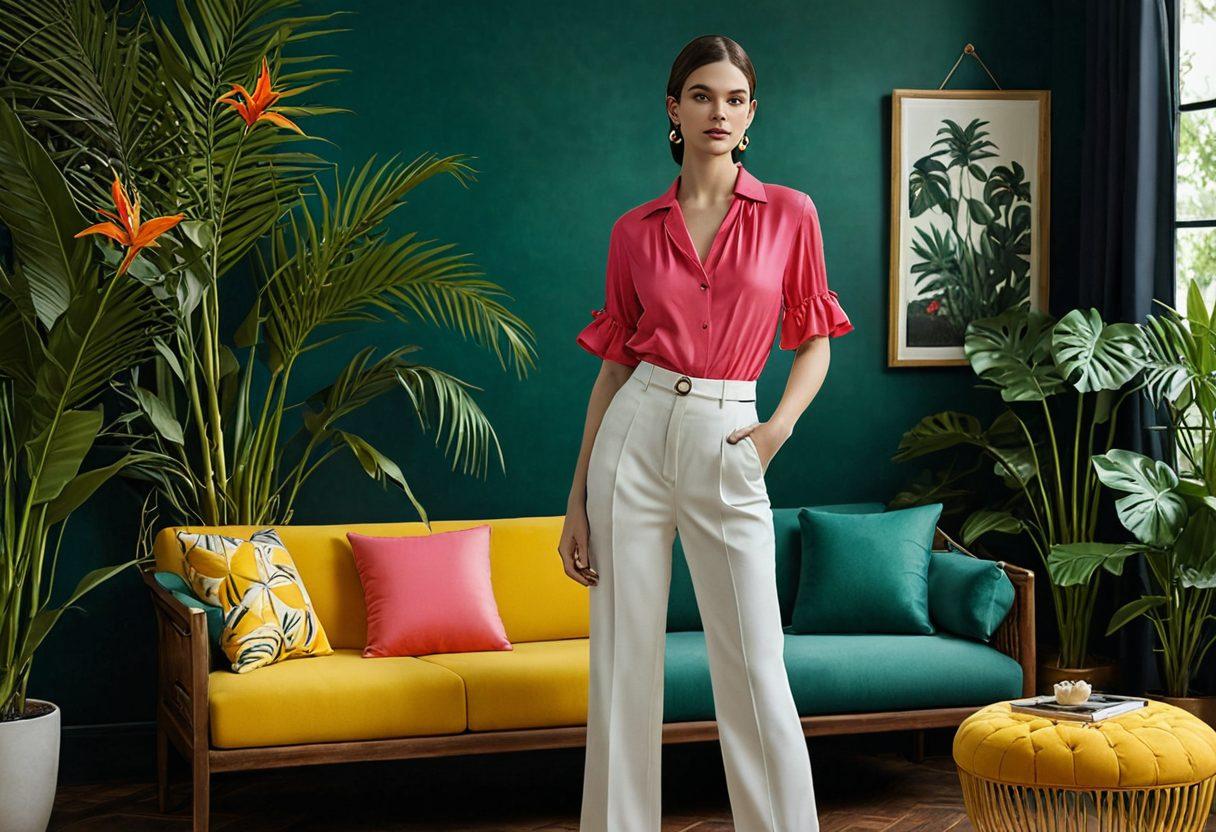 A stylish fashion display featuring a variety of two-piece ensembles in playful and sensual designs, showcasing bold colors, elegant fabrics, and intricate details. The background includes a soft, dreamy atmosphere with subtle lighting and hints of tropical plants, inviting a sense of summer allure. Include a model wearing one of the outfits, exuding confidence and charm. The composition should balance both fun and sophistication. vibrant colors. super-realistic.
